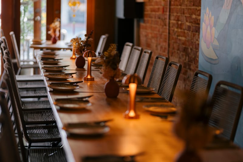 The long table set for a group