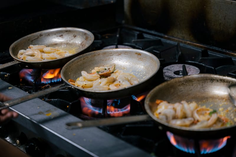 Prawns in the pan in the Vivu kitchen